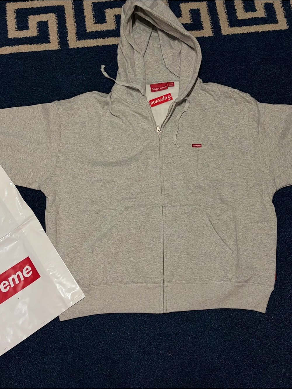 Supreme Grey Zip-Up Hoodie with Red Small Box Logo